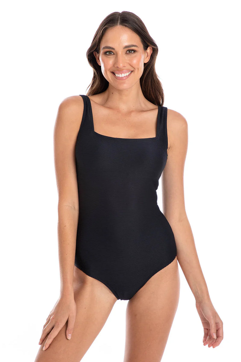 Black Textured Square One Piece Swimsuit